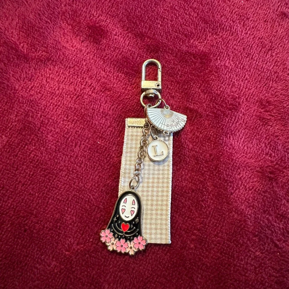 No Face Spirited Away Enamel Keychain Initial L Cherry Blossom Fan Gold Tone